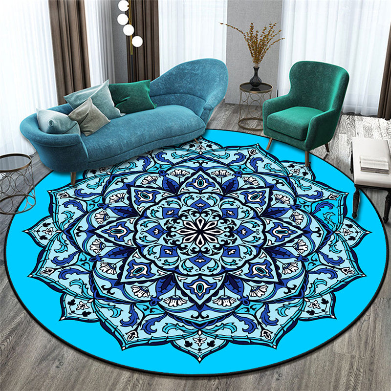 Blue Morocco Area Carpet Floral Print Polyester Area Rug Anti-Slip Backing Rug for Home Decor