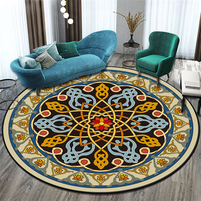 Blue Morocco Area Carpet Floral Print Polyester Area Rug Anti-Slip Backing Rug for Home Decor