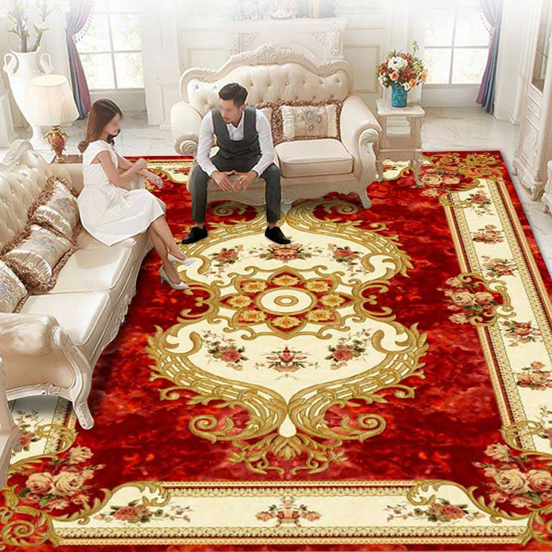 Tapis de salon rouge Polyester European Area Tapis Anti-Slip Washable Tapis lavable