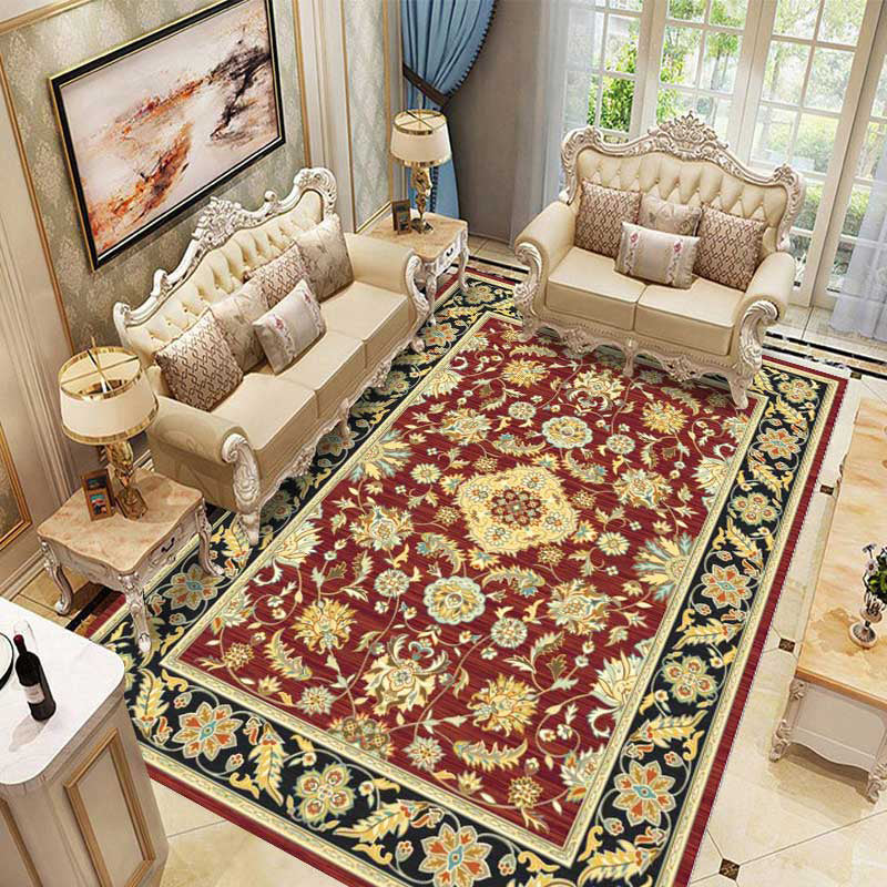 Tapis de salon rouge Polyester European Area Tapis Anti-Slip Washable Tapis lavable