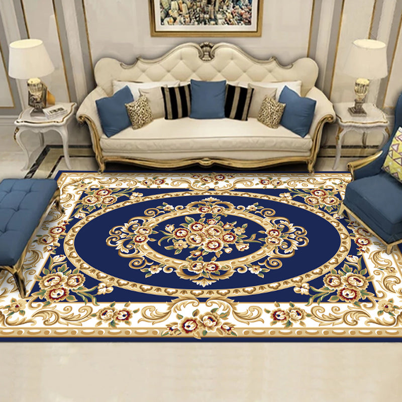 Blue European Style Area Match Floral Match Floor Polyester Tapis lavable antidérapant pour décoration intérieure