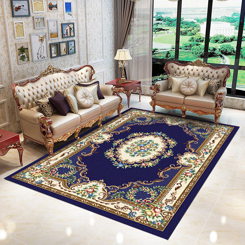 Blue European Style Area Match Floral Match Floor Polyester Tapis lavable antidérapant pour décoration intérieure