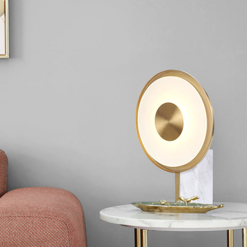 Frosted Glass Circle Table Light Modern LED Gold Task Lamp with Rectangle White Mable Base