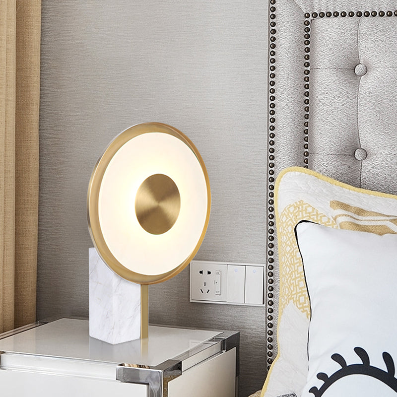 Frosted Glass Circle Table Light Modern LED Gold Task Lamp with Rectangle White Mable Base