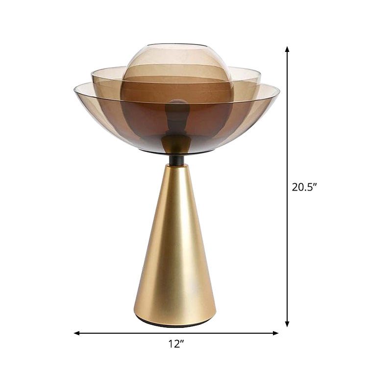 Tan Glass Dome Table Light Modern 1 Bulb Nightstand Lamp with Conical Gold Metal Base