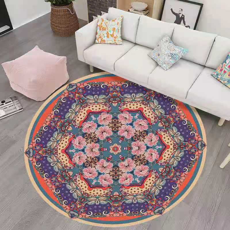 Round Tribal Pattern Carpet Polyester Persian Area Rug Stain Resistant Indoor Rug for Living Room