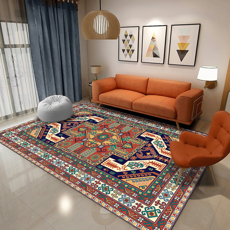 Moroccan Red Tone Carpet Medallion Print Area Rug Polyester Anti-Slip Backing Carpet for Home Decor