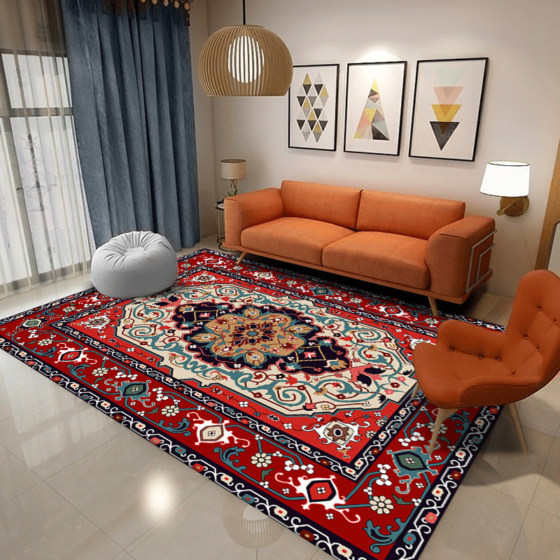 Marokkanischer roter Ton Teppichmedaillon-Print-Fläche Teppich Polyester Anti-Rutsch-Rücken Teppich für Wohnkultur