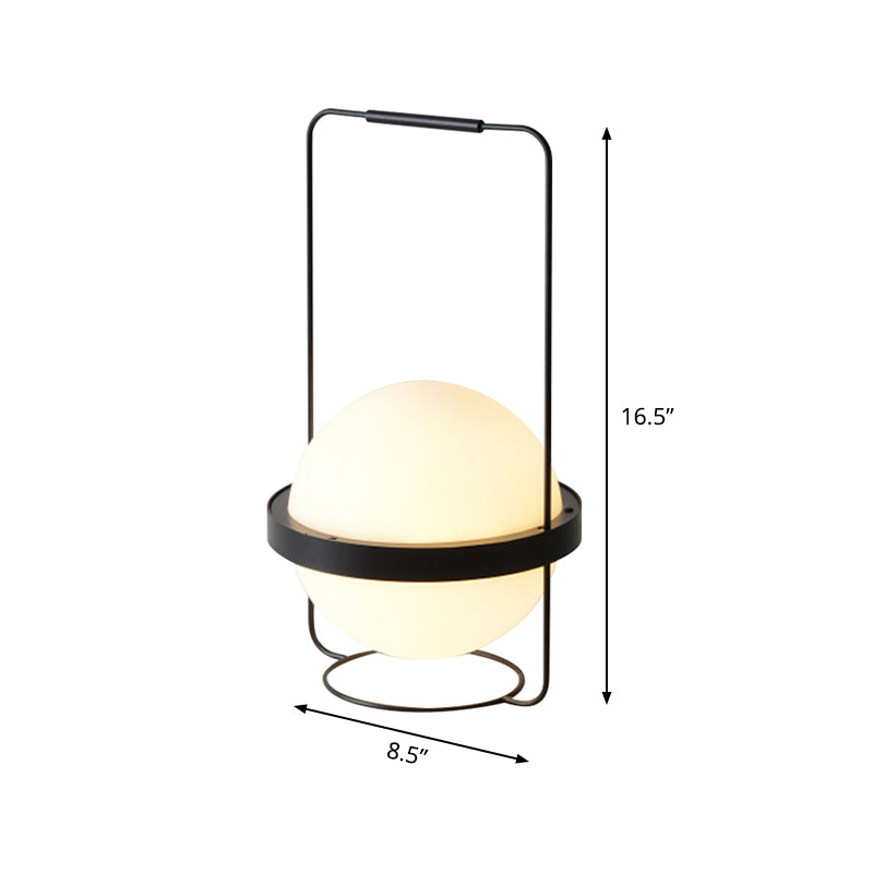 1 Head Bedroom Task Lighting Modern Black Night Table Lamp with Ball Milky Glass Shade