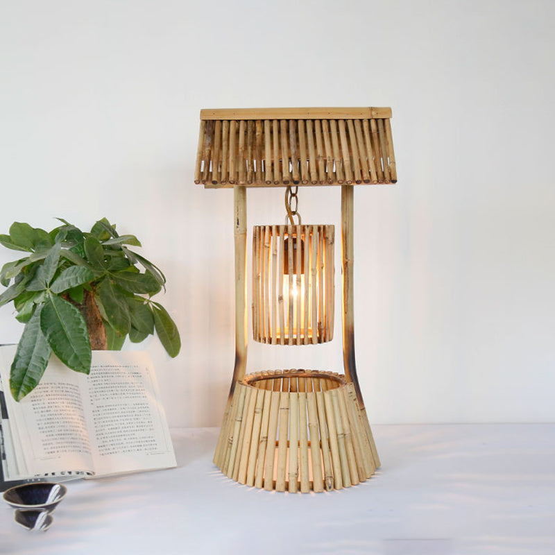 Chinese Hand-Worked Desk Light Bamboo 1 Bulb Task Lighting in Khaki for Teahouse