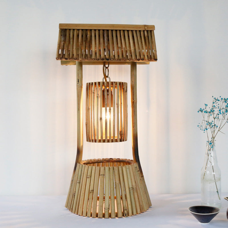 Chinese Hand-Worked Desk Light Bamboo 1 Bulb Task Lighting in Khaki for Teahouse