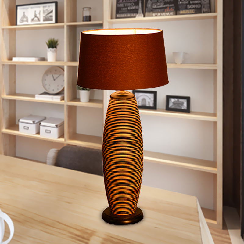 Oval Task Lighting Asia Wood 1 Bulb Coffee Small Desk Lamp with Drum Fabric Shade