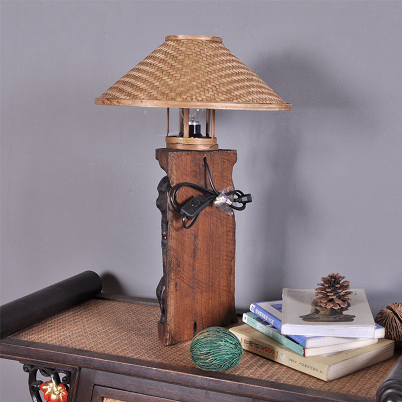 Bamboo Wide Flare Task Light Asia 1 Head Beige Small Desk Lamp with Wood Elephant