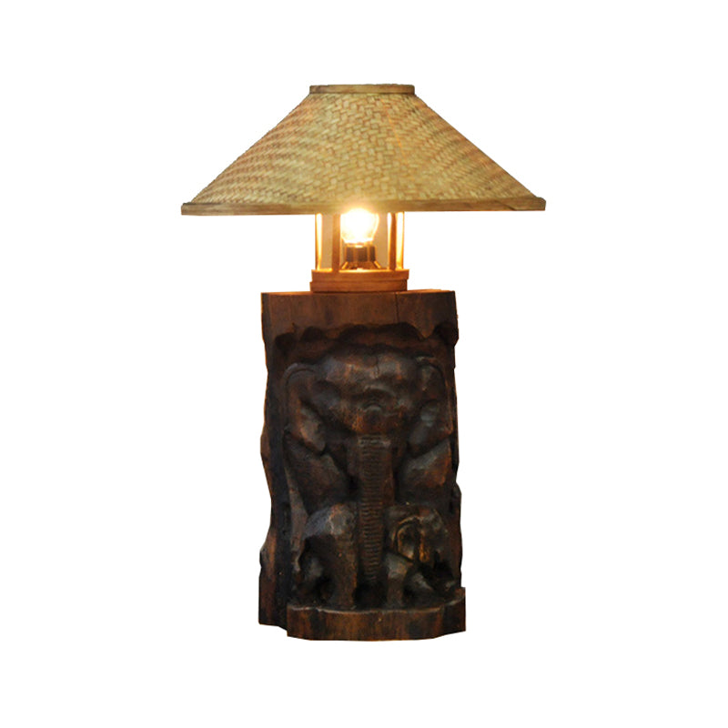 Bamboo Wide Flare Task Light Asia 1 Head Beige Small Desk Lamp with Wood Elephant