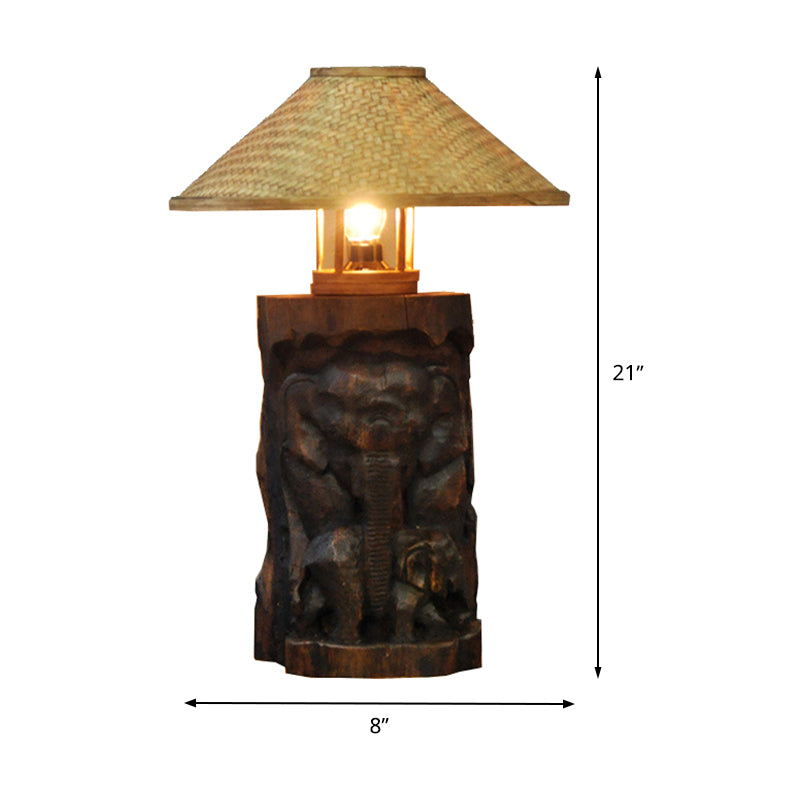 Bamboo Wide Flare Task Light Asia 1 Head Beige Small Desk Lamp with Wood Elephant