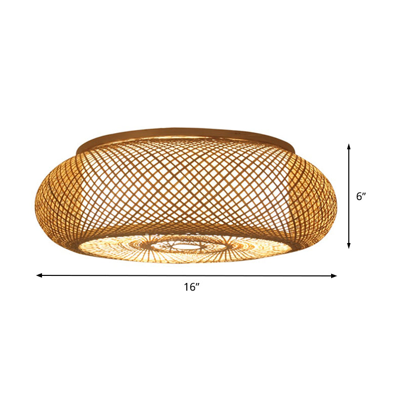 Asian 3 Bulbs Flush Light Flaxen Donut Close to Ceiling Lighting with Bamboo Shade