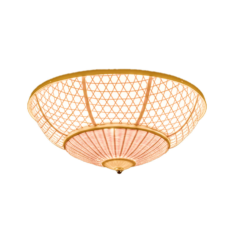 Dome Bamboo Flush Light Chinese 3 Bulbs Beige Ceiling Mounted Fixture for Living Room