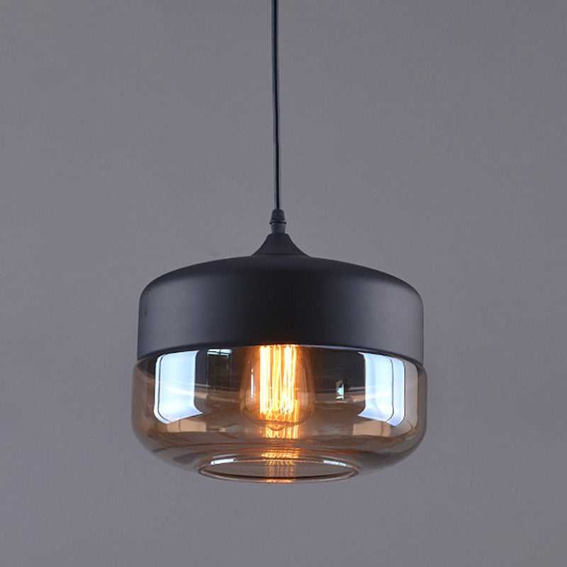 Lámpara colgante de vidrio transparente de 1 luz, luz colgante industrial contemporánea con tapa de metal