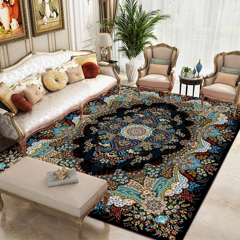 Alfombra vintage negra que mezcla una alfombra gráfica de medallón alfombra lavable para sala de estar