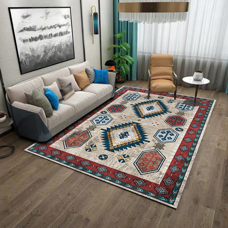 Mid-Century Living Room Carpet Tribal Pattern Rug Polyester Washable Carpet with Non-Slip Backing