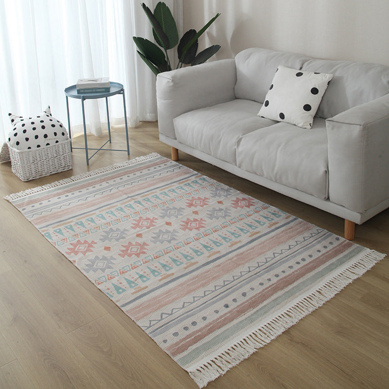 Bohemian Americana Print Carpet Leisure Cotton Blend Rug Fringe Detail Area Rug for Home Decor