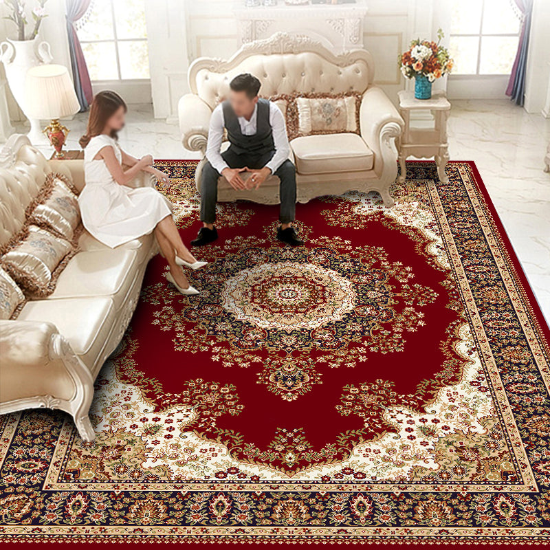 Red Traditional Area Rug Medallion Print Polyester Area Carpet Stain Resistant Rug for Home Decor