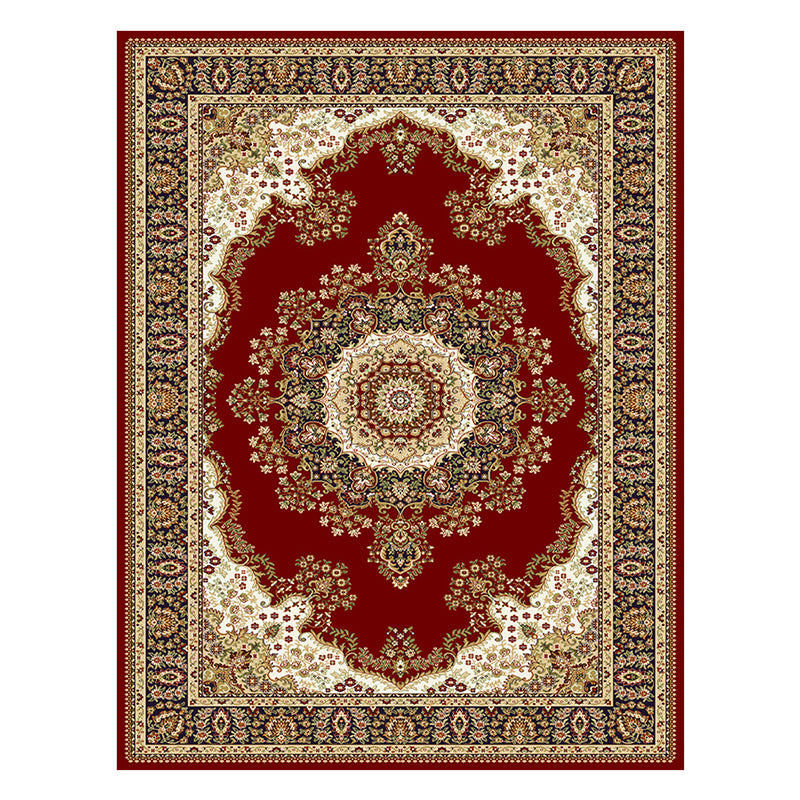 Red Traditional Area Rug Medallion Print Polyester Area Carpet Stain Resistant Rug for Home Decor