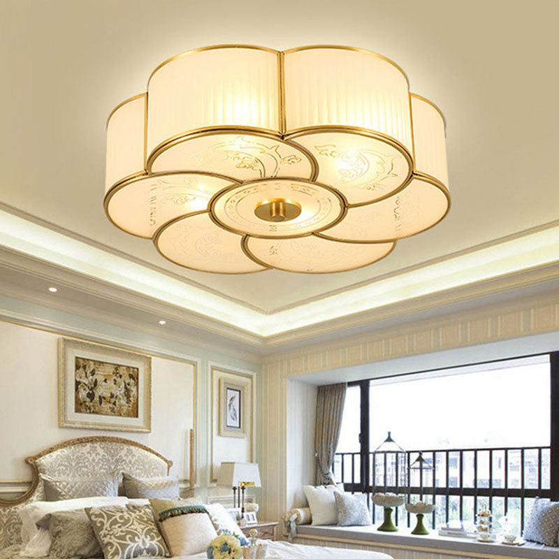 White Glass Flush Mount in Colonial Retro Style Copper Ceiling Light for Bedroom