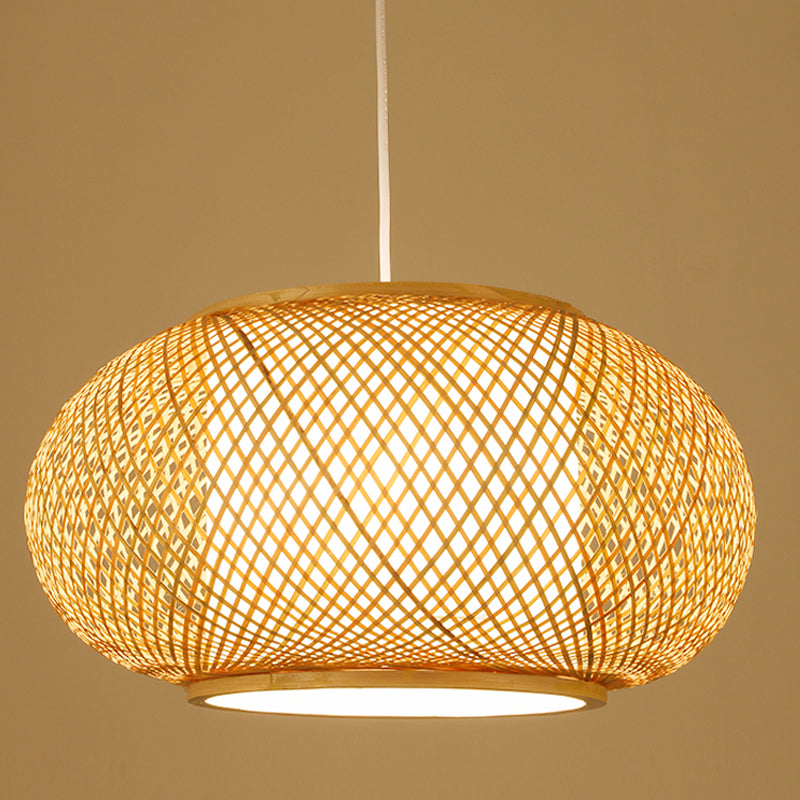 Asian Pendant Lighting Fixture 1-Light Beige Suspension Pendant Light with Rattan Shade