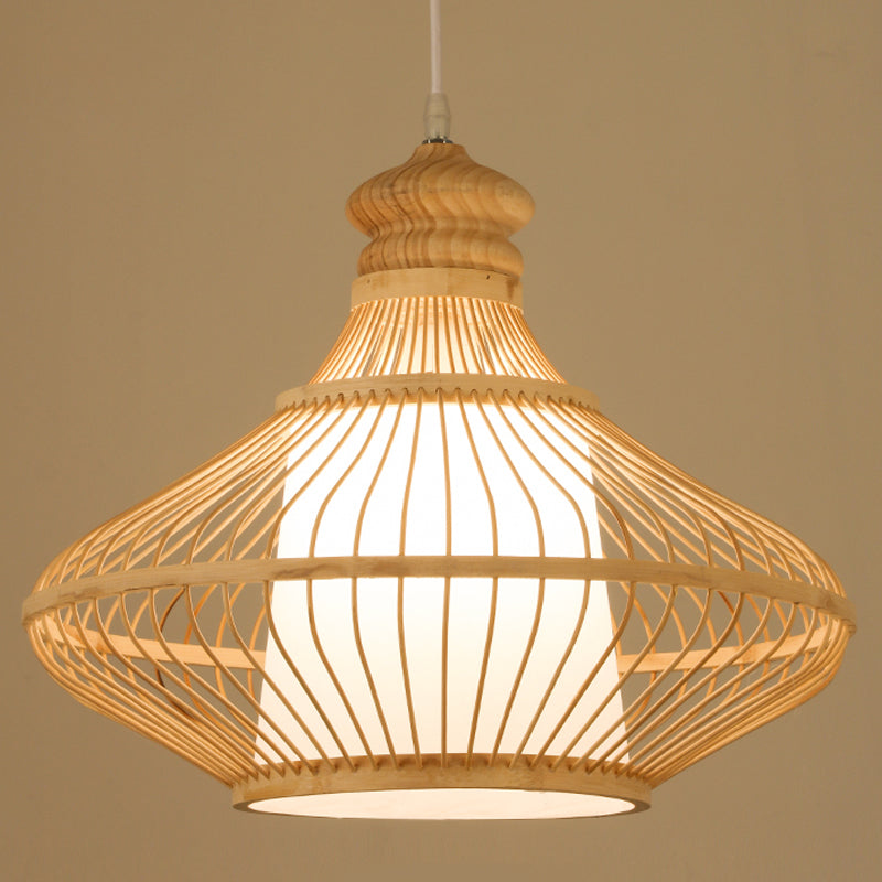 Asian Pendant Lighting Fixture 1-Light Beige Suspension Pendant Light with Rattan Shade