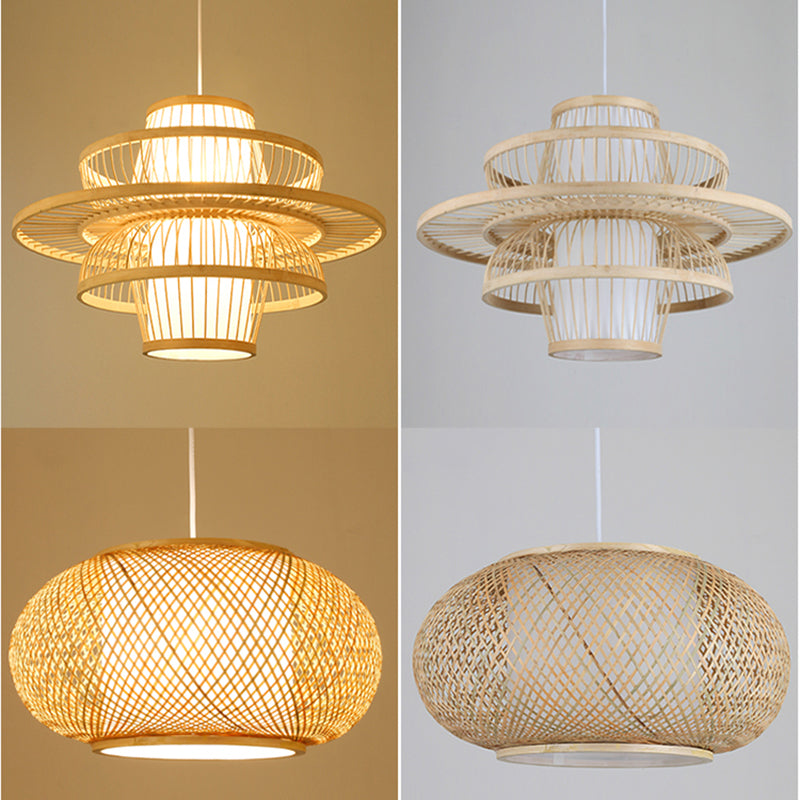 Asian Pendant Lighting Fixture 1-Light Beige Suspension Pendant Light with Rattan Shade