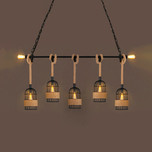 3/5 Bulbs Pendant Lighting with Birdcage and Natural Rope Loft Industrial Restaurant Ceiling Hanging Light in Black