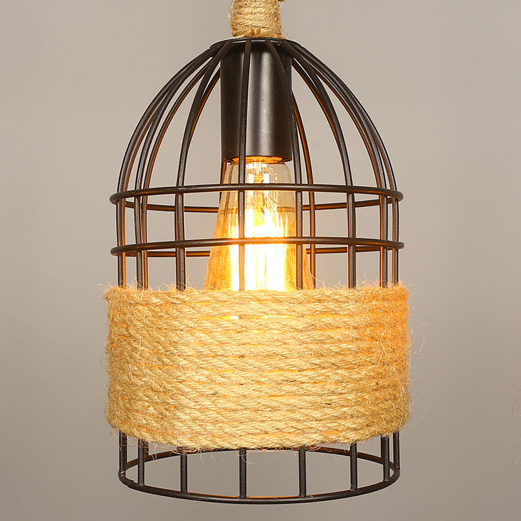 3/5 Bulbs Pendant Lighting with Birdcage and Natural Rope Loft Industrial Restaurant Ceiling Hanging Light in Black