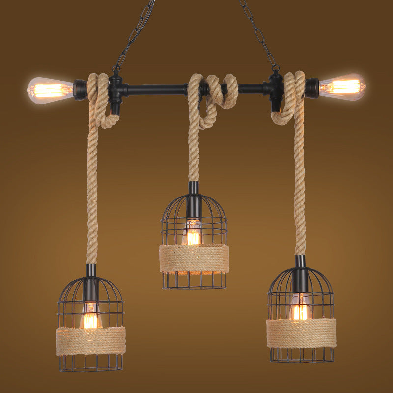 3/5 Bulbs Pendant Lighting with Birdcage and Natural Rope Loft Industrial Restaurant Ceiling Hanging Light in Black