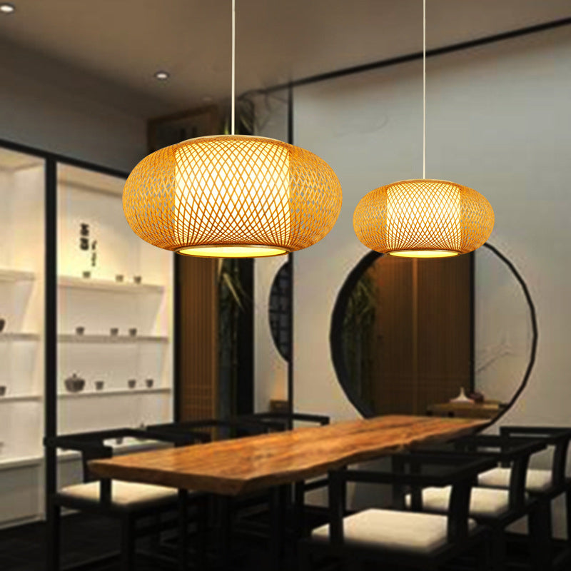 Wood Lantern Shape Pendant Light Modern Style 1 Light Hanging Lamp for Tea Room