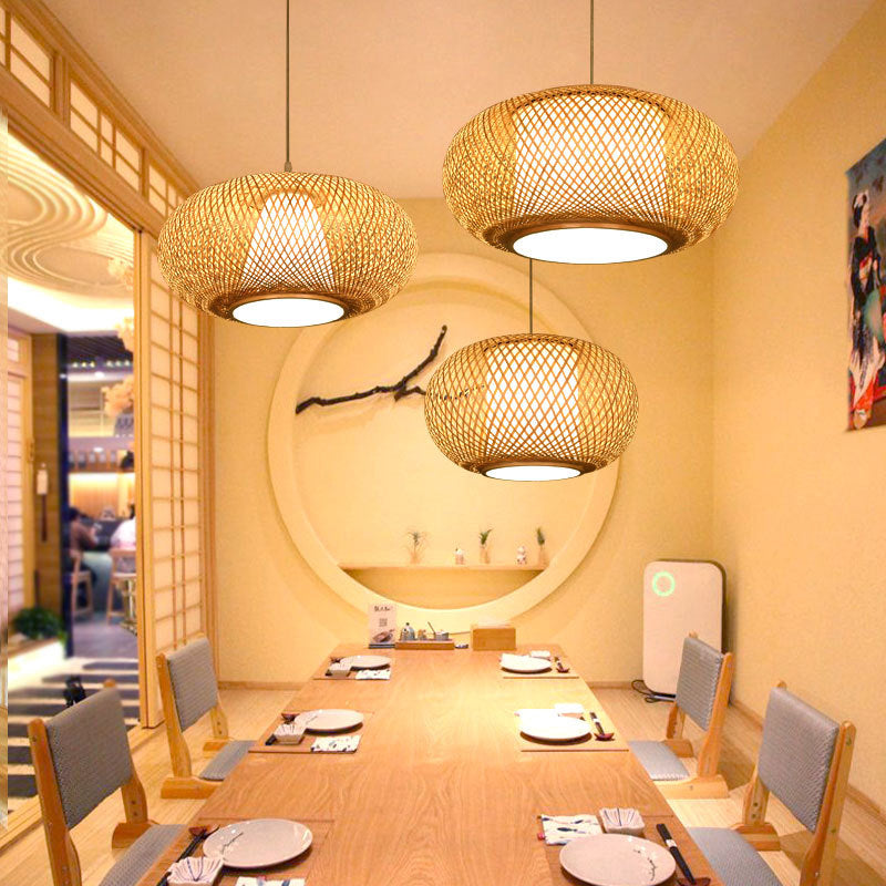 Wood Lantern Shape Pendant Light Modern Style 1 Light Hanging Lamp for Tea Room