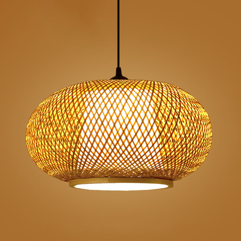 Brown Drum Pendant Light in Asian Creative Style Wrought Iron Hanging Lamp with Bamboo Weaving Shade