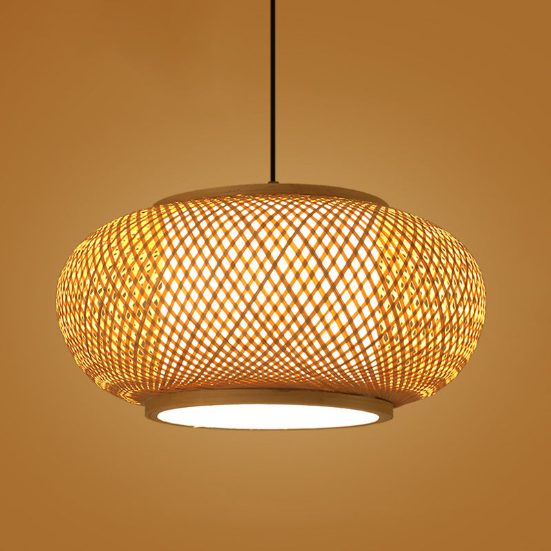 Brown Drum Pendant Light in Asian Creative Style Wrought Iron Hanging Lamp with Bamboo Weaving Shade