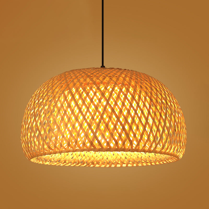 Brown Drum Pendant Light in Asian Creative Style Wrought Iron Hanging Lamp with Bamboo Weaving Shade