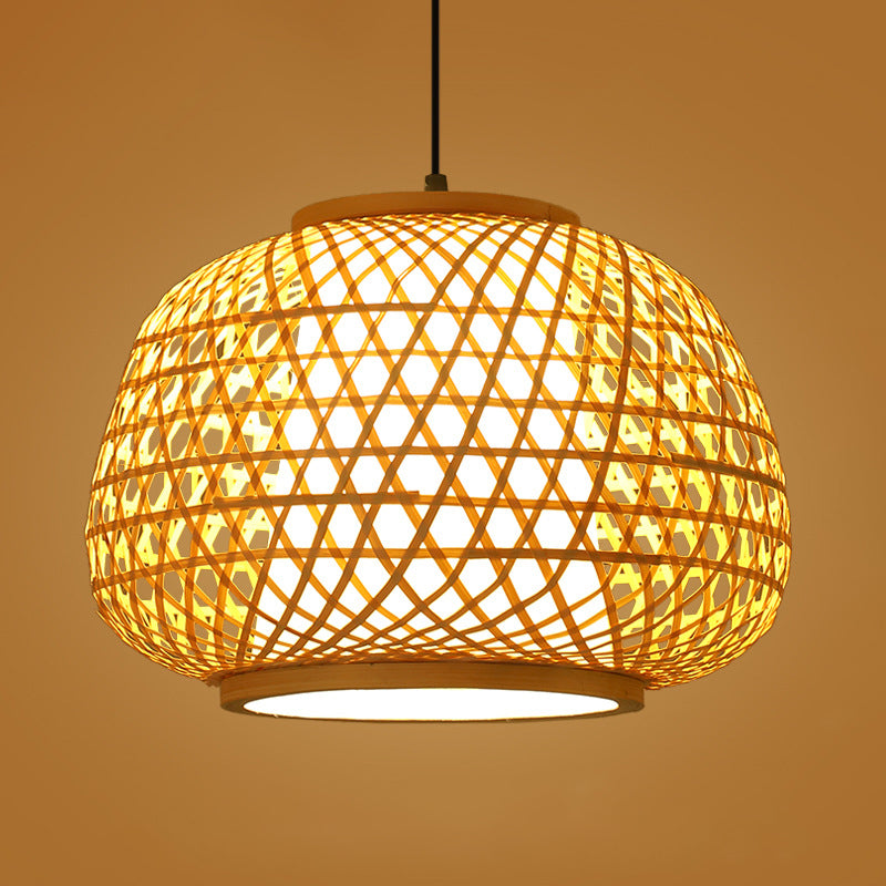 Brown Drum Pendant Light in Asian Creative Style Wrought Iron Hanging Lamp with Bamboo Weaving Shade