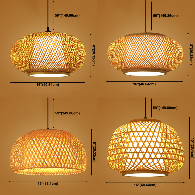 Brown Drum Pendant Light in Asian Creative Style Wrought Iron Hanging Lamp with Bamboo Weaving Shade