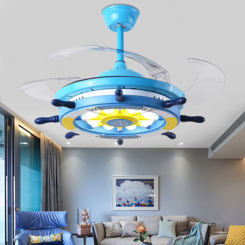 Blue Rudder Pendant Fan Light Fixture Children Style Metal LED Semi Flush Light