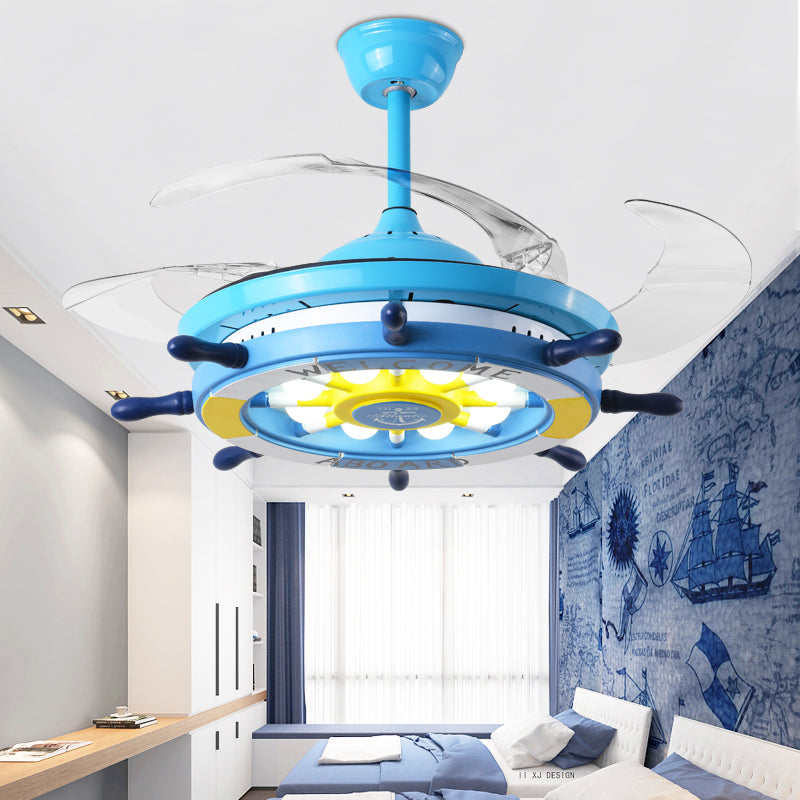 Blue Rudder Pendant Fan Light Fixture Children Style Metal LED Semi Flush Light