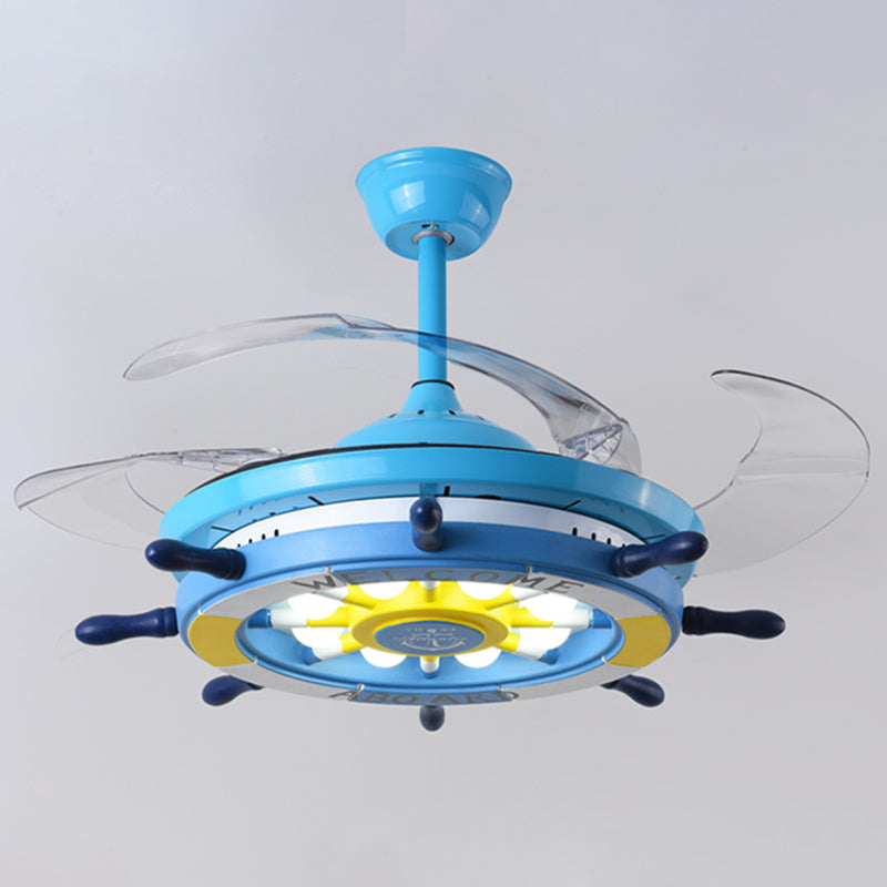 Blue Rudder Pendant Fan Light Fixture Children Style Metal LED Semi Flush Light