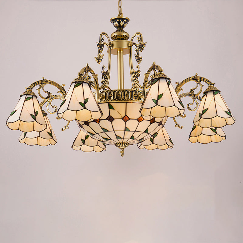 Cone Dome Living Room Chandelier Tiffany Style Glass Vintage Pendant Light in Beige