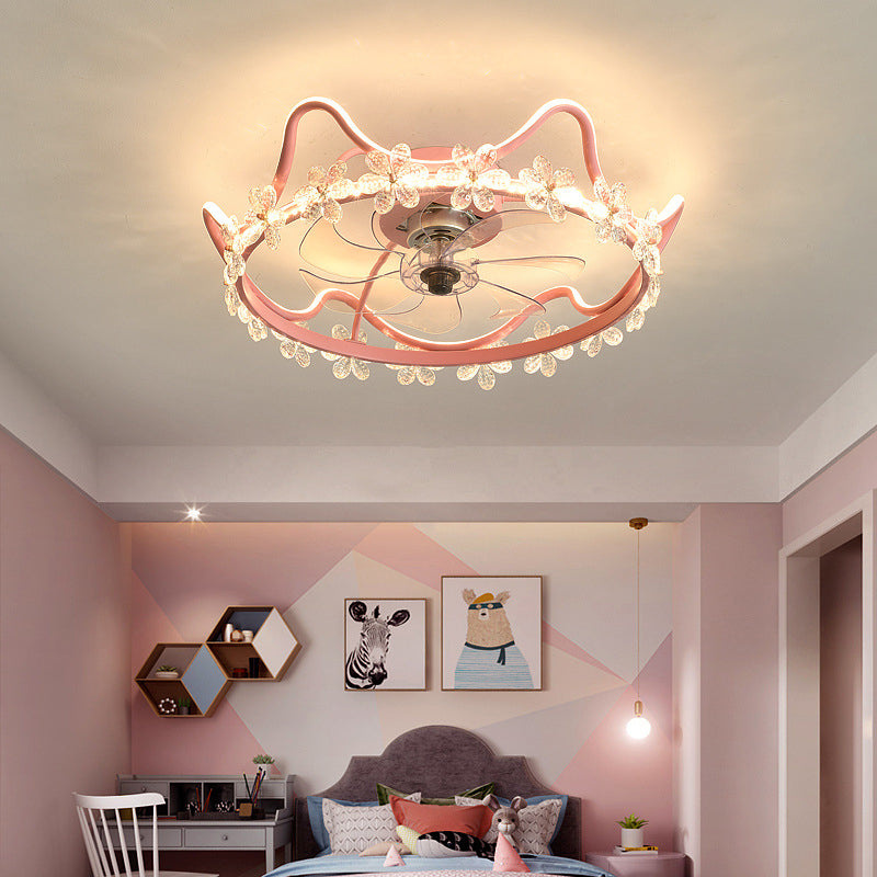 Crystal Crown LED Fan Light Children Style Semi Flush Mount Light Fixture for Bedroom