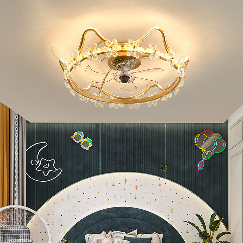 Crystal Crown LED Fan Light Children Style Semi Flush Mount Light Fixture for Bedroom