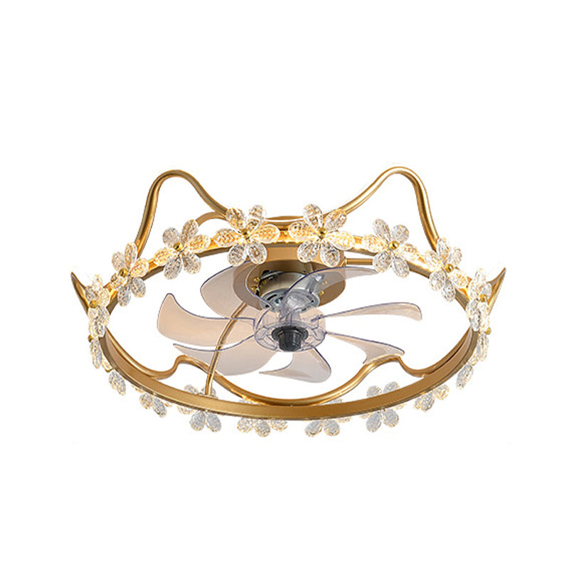 Crystal Crown LED Fan Light Children Style Semi Flush Mount Light Fixture for Bedroom