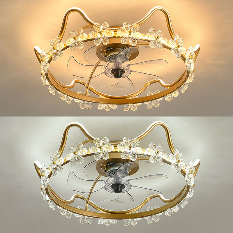 Crystal Crown LED Fan Light Children Style Semi Flush Mount Light Fixture for Bedroom