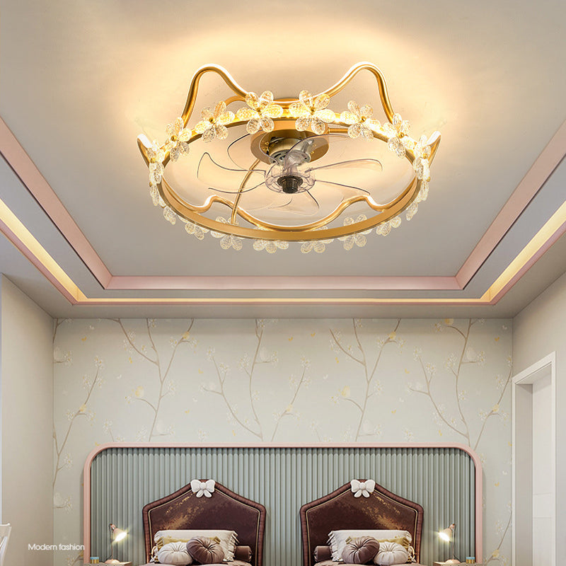 Crystal Crown LED Fan Light Children Style Semi Flush Mount Light Fixture for Bedroom